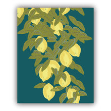 Charger l&#39;image dans la galerie, affiche dessinée et colorée par mes soins représentant des fruits: les citrons. L&#39;arrière plan est de couleur bleu canard, les citrons sont jaunes. Le format est 40 x 50 cm . Elle est imprimée en France à Grenoble. 