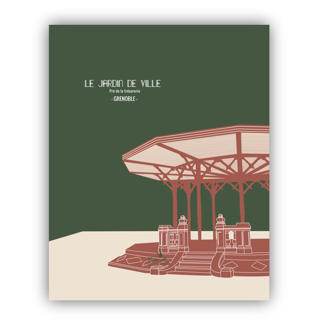 Illustration du patrimoine du kiosque du jardin de ville de Grenoble. 
Format : 40 x 50 cm
Couleur : vert
Impression française
Création : Marie-Alice vous emmène