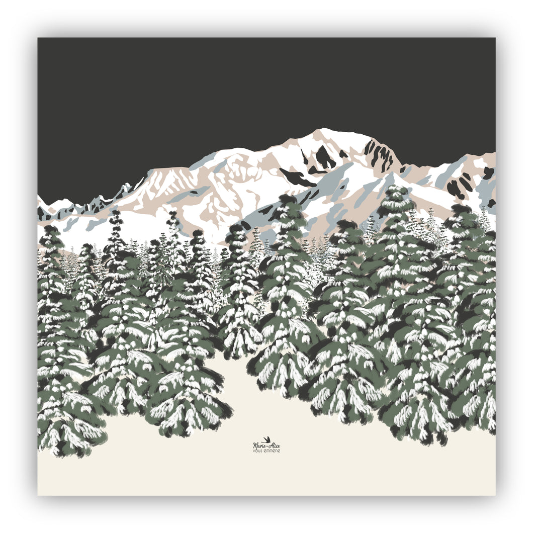 Illustration paysage de montagne d'hiver sapin et mont blanc.
version couleur: Charbon / beige / blanc/ vert
Création et impression françaises
format 70 x 70 cm 
Artiste: Marie-Alice vous emmène