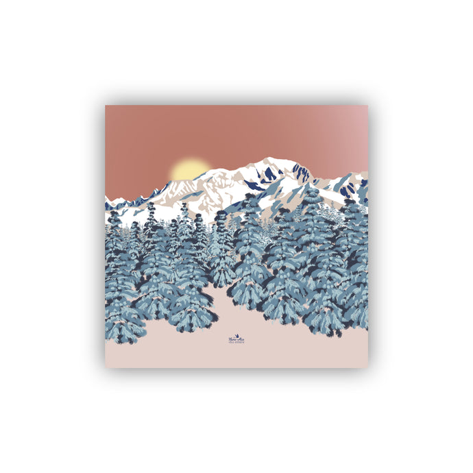 Affiche française représentant un paysage de montagne du Mont-blanc et sa forêt de sapins. Dimension 40 X 40 cm . Couleurs: rose / bleu. Impression française - Grenoble. Création : Marie-Alice vous emmène