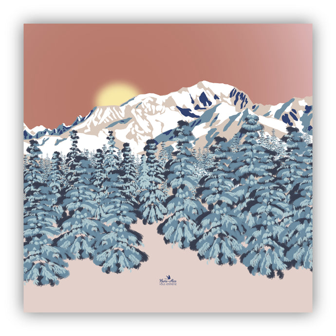 AFFICHE - PAYSAGE DE MONTAGNE - MONT-BLANC / FORÊT DE SAPINS - 70 X 70 CM - ROSE