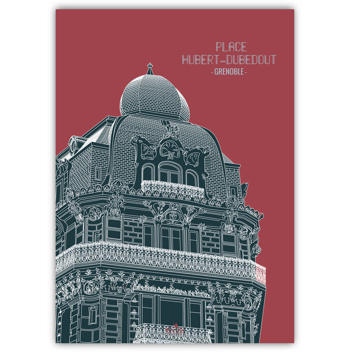 illustration du patrimoine d'architecture de style Art Nouveau. Place Hubert-Dubedout, rue Gambetta à Grenoble. 
Format : 50 x 70 cm 
Création : Marie-Alice vous emmène
Impression française
Couleur : Framboise / Vert
