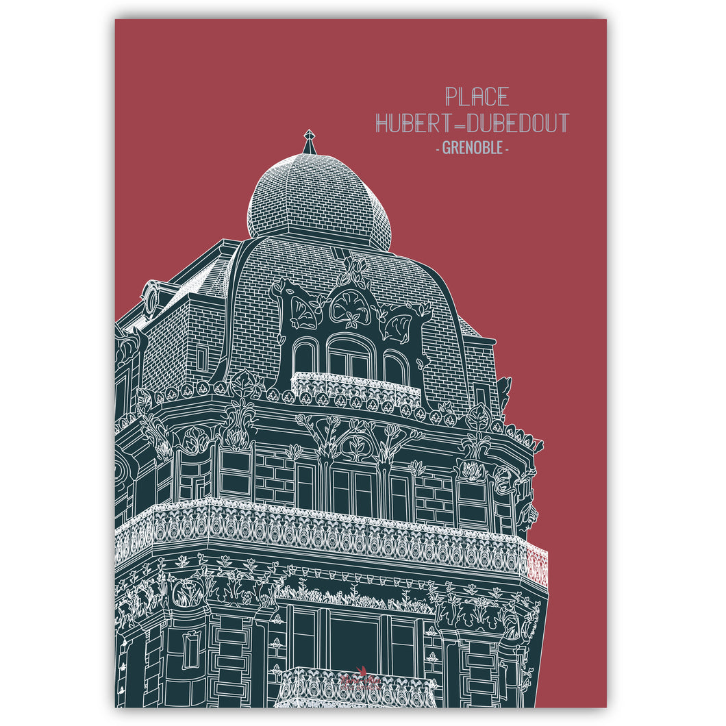 illustration du patrimoine d'architecture de style Art Nouveau. Place Hubert-Dubedout, rue Gambetta à Grenoble. 
Format : 50 x 70 cm 
Création : Marie-Alice vous emmène
Impression française
Couleur : Framboise / Vert
