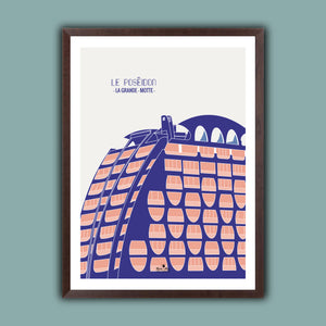 ILLUSTRATION - LA GRANDE-MOTTE - LE POSÉIDON  - 50 X 70 CM - BLEU / BLANC