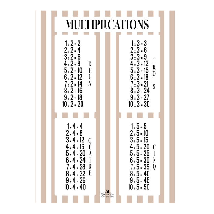 affiche poster table de multiplication rayure beige marie alice vous emmene made in france