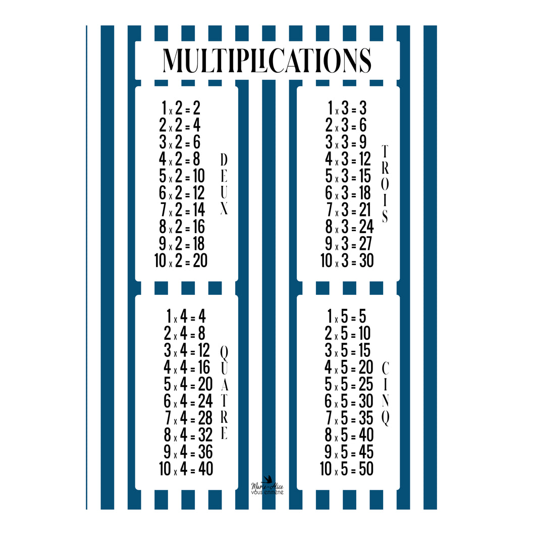 affiche poster table de multiplication rayure bleu marie alice vous emmene made in france