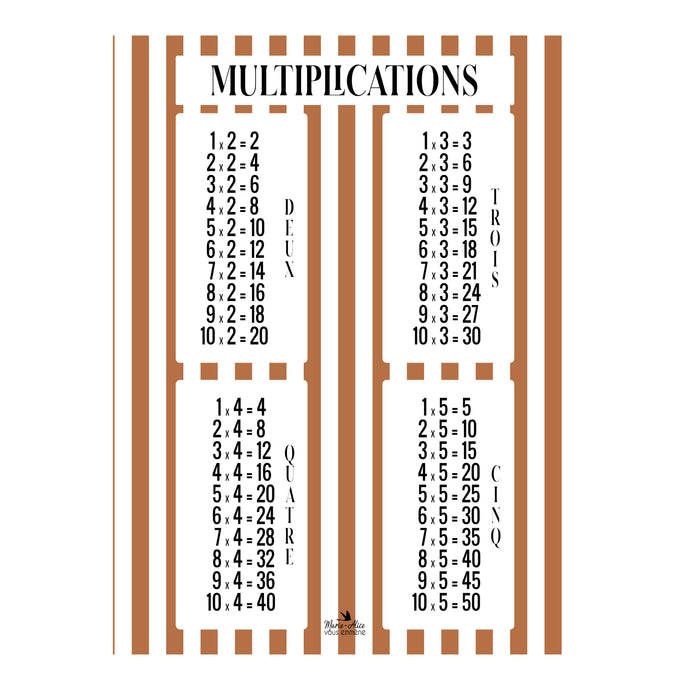affiche poster table de multiplication rayure terracotta marie alice vous emmene made in france