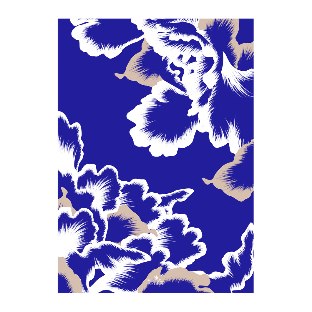 illustration florale effet papier peint bleu blanc rose marie alice vous emmene format 50 x 70 made in france