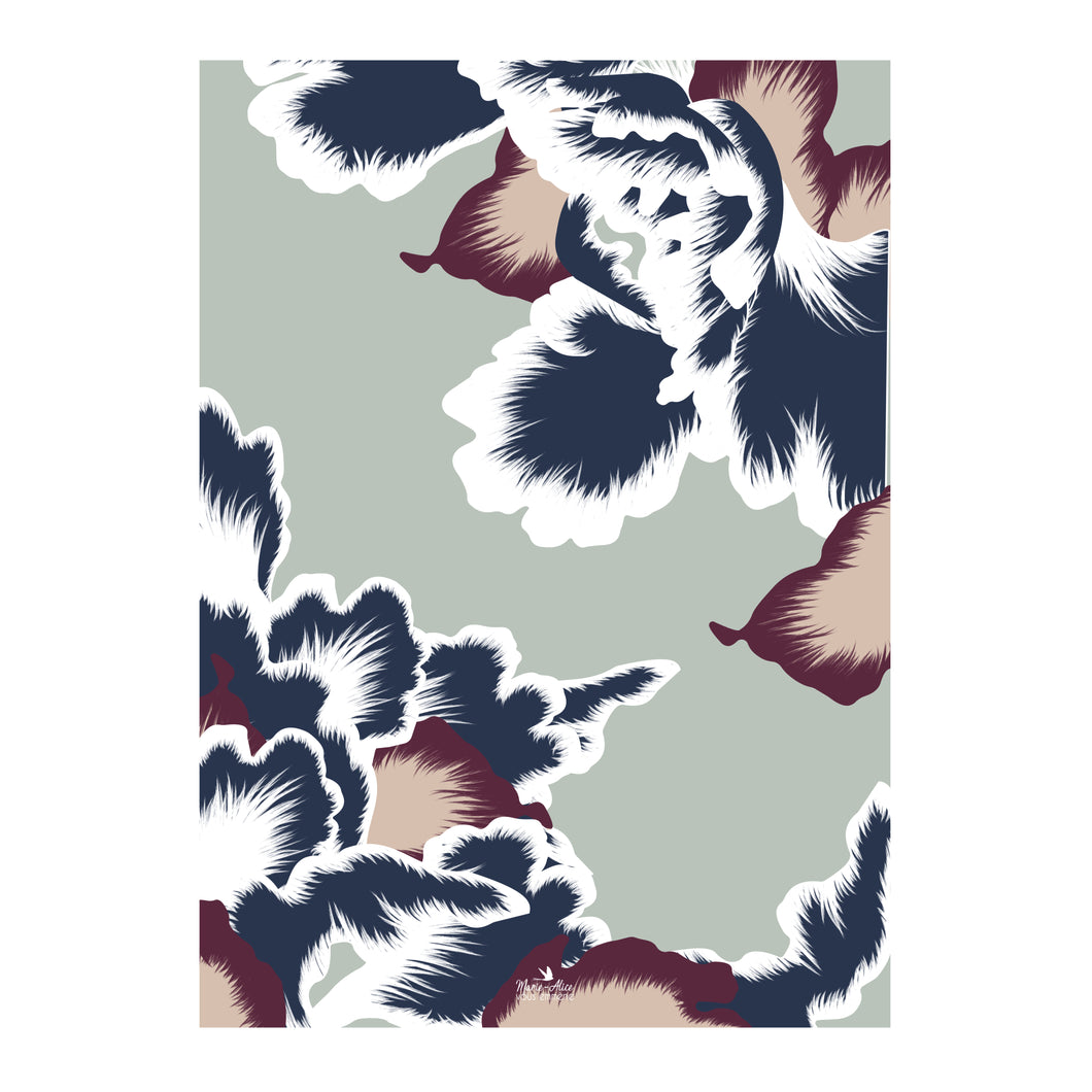illustration florale effet papier peint bleu clair  vert violet beige rose format 50 x 70 cm marie alice vous emmene